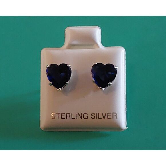 2 Ct. Heart Cut Blue Sapphire Gemstone Stud Earrings~.925 Sterling Silver - Picture 1 of 2